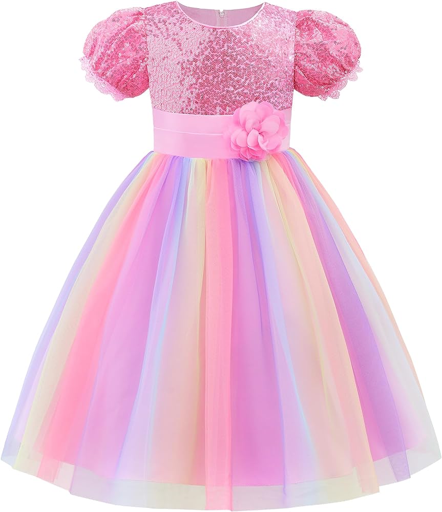 Uhnice Flower Girl Sequin Dress Puff Sleeve Rainbow Dress for Wedding Party