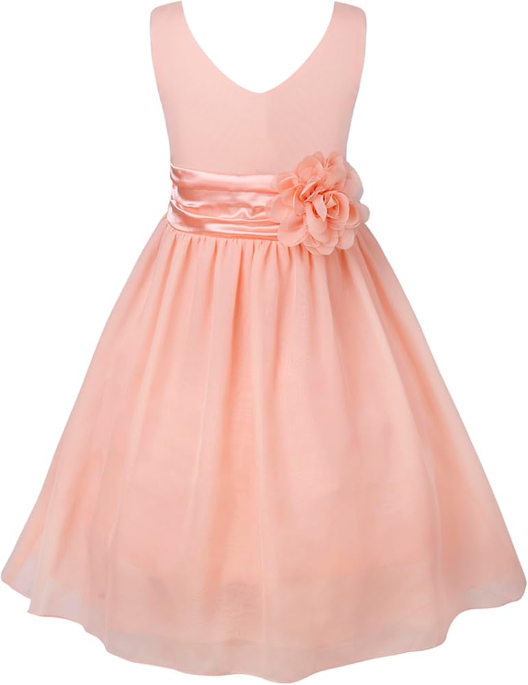 Kids Flower Girls Dress Sleeveless V-Neck Chiffon 3D Flower Dress Princess Wedding Pageant Evening Ball Gown