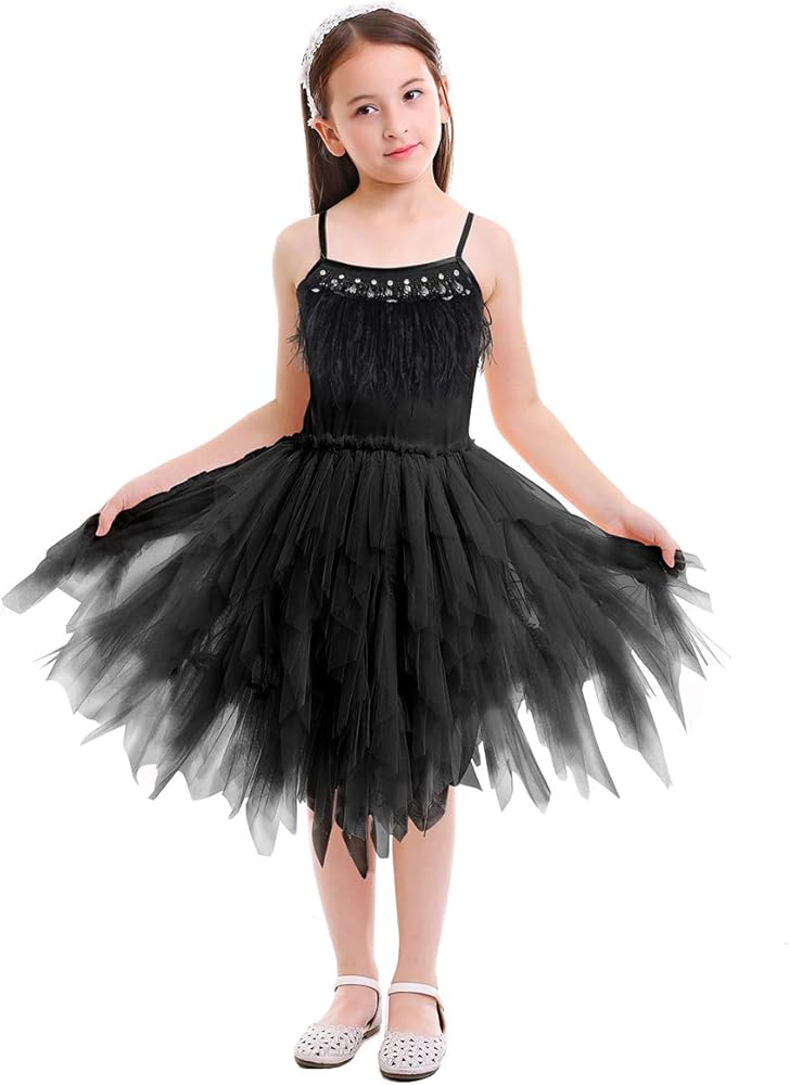 OBEEII Little Girl Swan Princess Feather Fringes Tutu Dress Pageant Party Wedding Dance Formal Photo Prop Short Tiered Gown