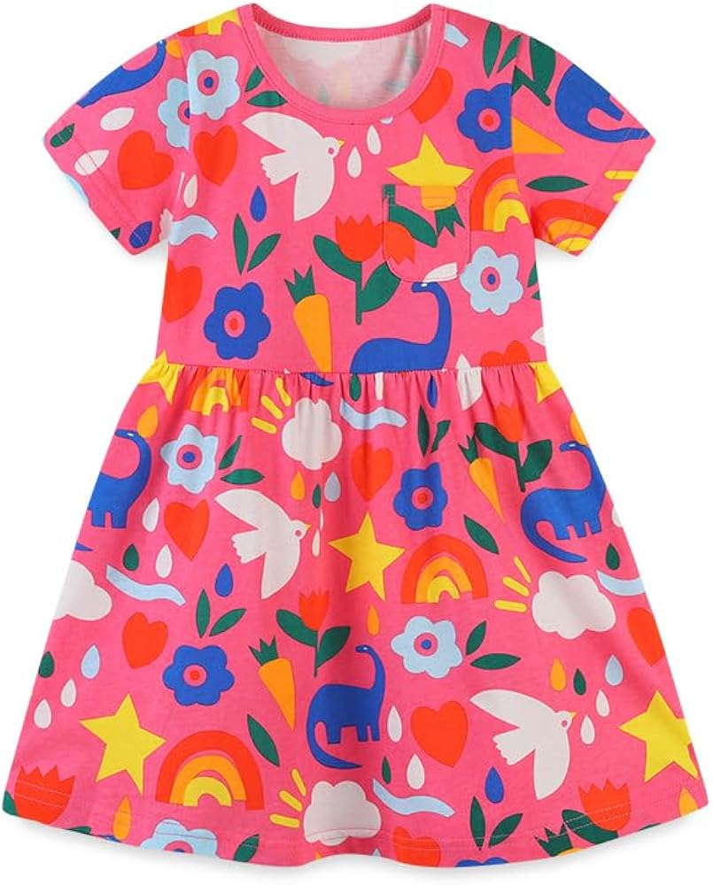 Little Girls U-Neck Dress Cute Summer Sundress Cotton Cartoon Dress 2-8Y (as1, Age, 6_Years, Pink Bird)