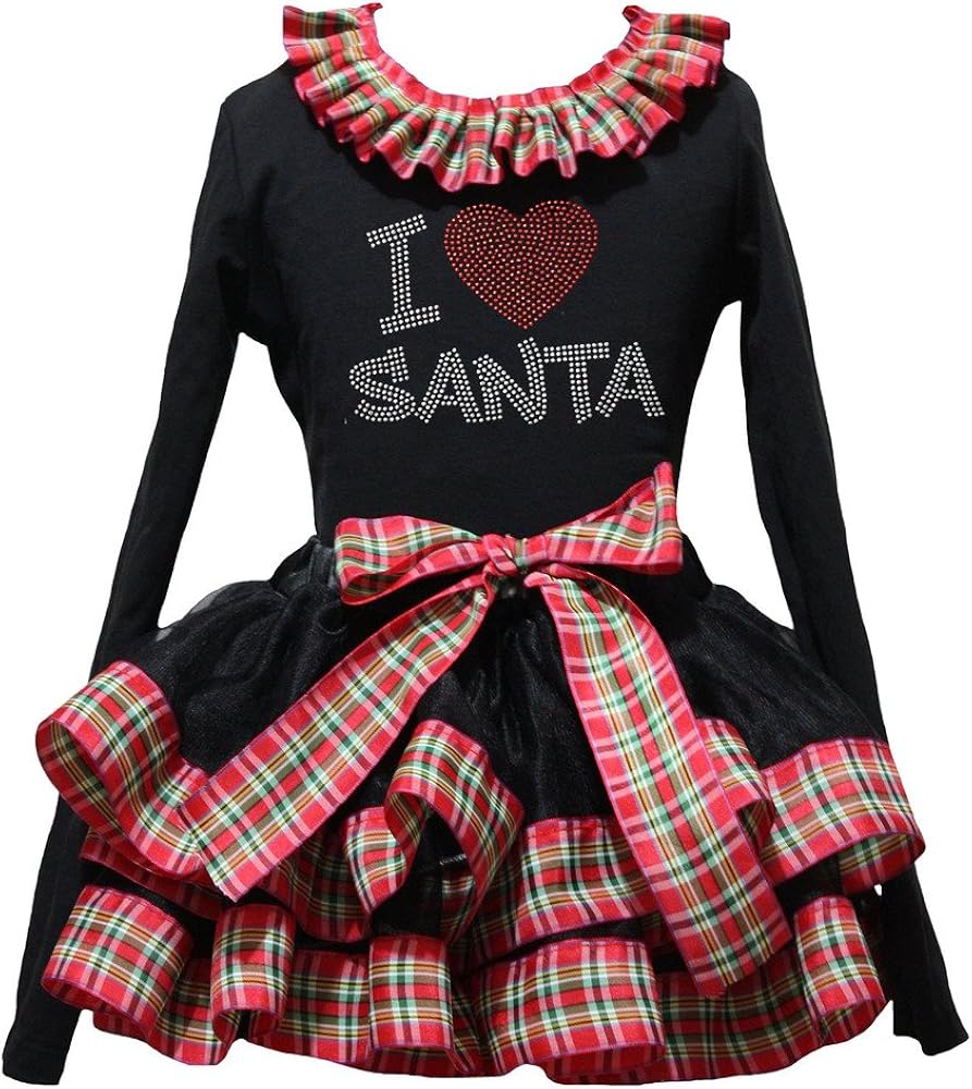 Petitebella I Love Santa Black L/s Shirt Checkered Ribbon Petal Skirt Xmas Nb-8y