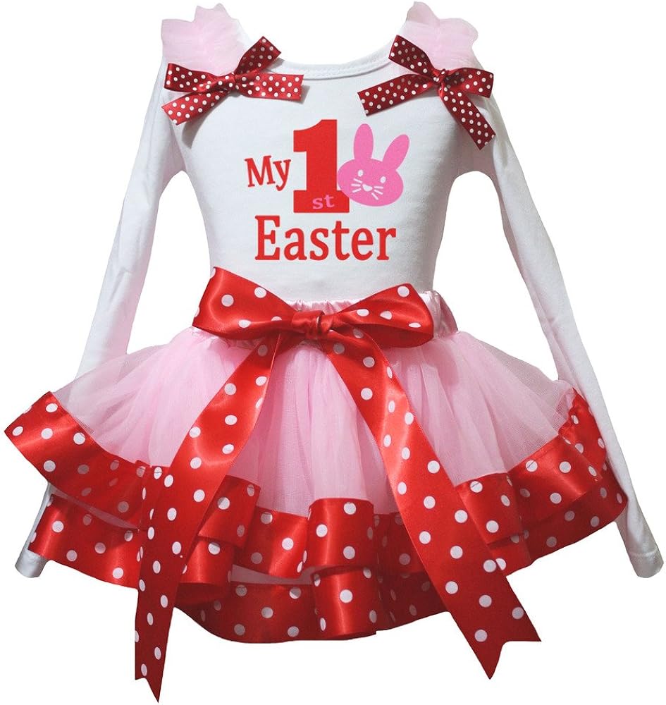 Petitebella My 1st Bunny Easter White L/s Shirt Pink Red Dots Petal Skirt Nb-2y