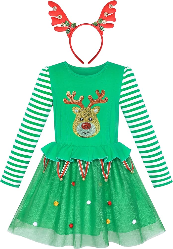 Sunny Fashion Girls Dress Reindeer Headband Santa Christmas Long Sleeve Party Dress