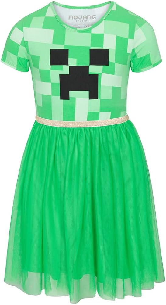 Minecraft Girl's Dress with Creeper - Green Cosplay Dress for Little and Big Girls 4-16, Large