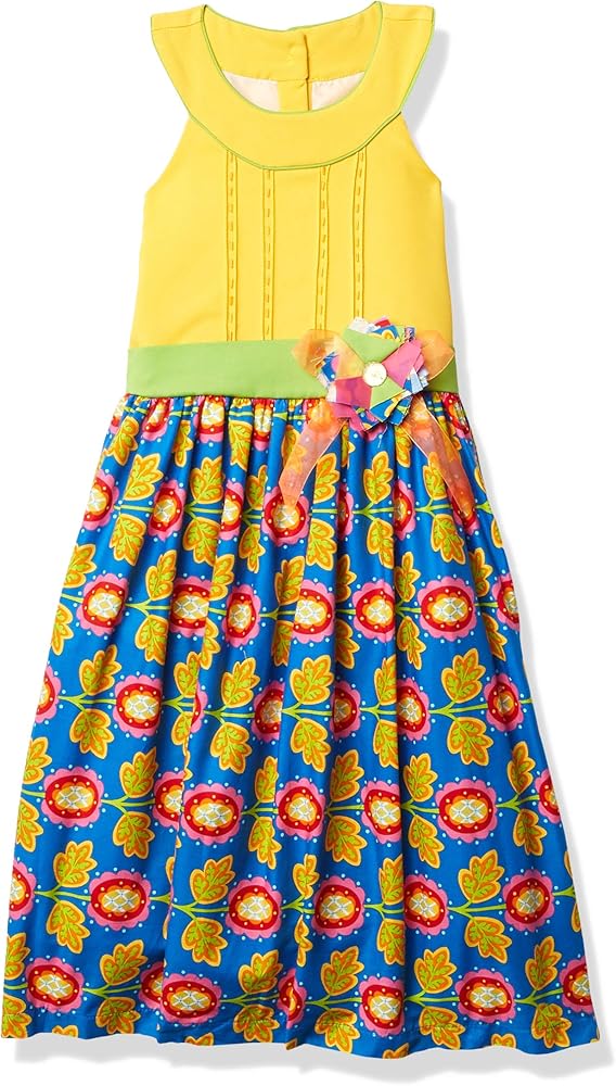 Girls' Flower Petals Cotton Print Dress, Yellow/Blue, 2