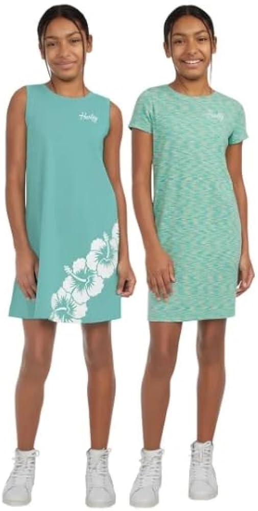 Hurley Youth 2-Pack Girls' Stretch Fabric Dress | Front Pockets on 1 (US, Alpha, Small, Regular, Green)