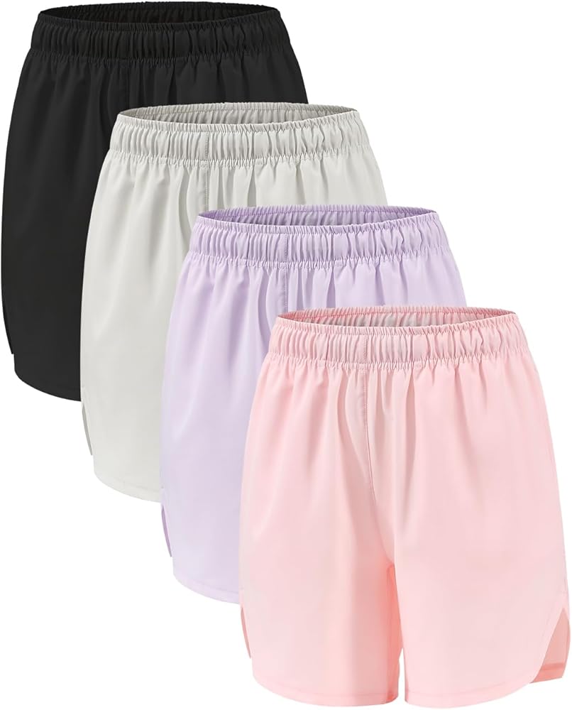 4 Packs Girls Athletic Shorts with Pockets Running Active Shorts Dry-Fit, Sports Workout Shorts for Kids Teens