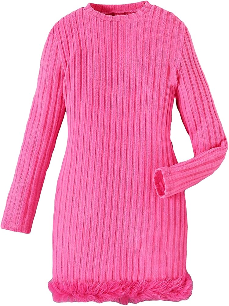 OYOANGLE Girl's Fuzzy Trim Long Sleeve Round Neck Ribbed Knit Bodycon Short Dress