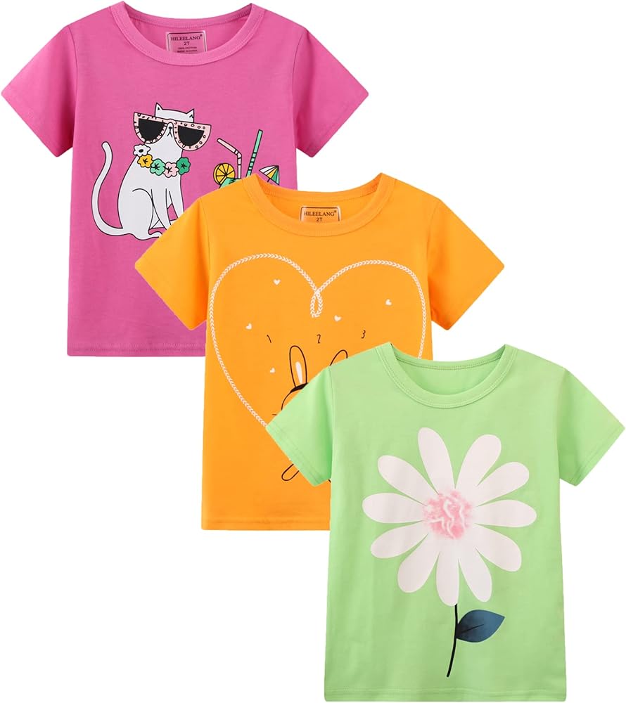 HILEELNAG Girls' Tees Short Sleeve Cotton Casual Graphic T-Shirts Summer Tops 3Packs