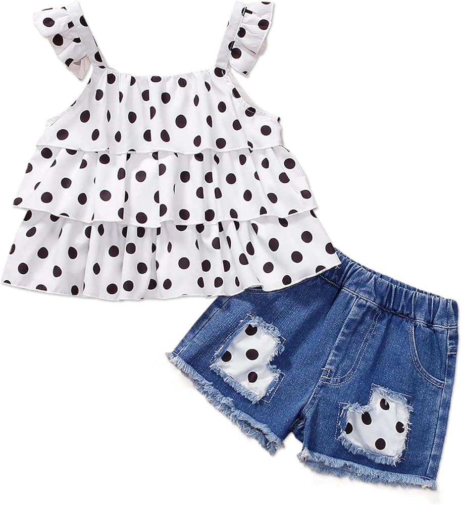 PATPAT Toddler Girl 2 Piece Outfit Sweetheart Polka Dots Cami Tee Top and Denim Shorts Set