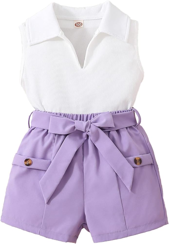 Girl's 2 Piece Outfit Sets Sleeveless Lapel Collar Tops and Tie Knot Waist Shorts Summer Short Sets for Girls