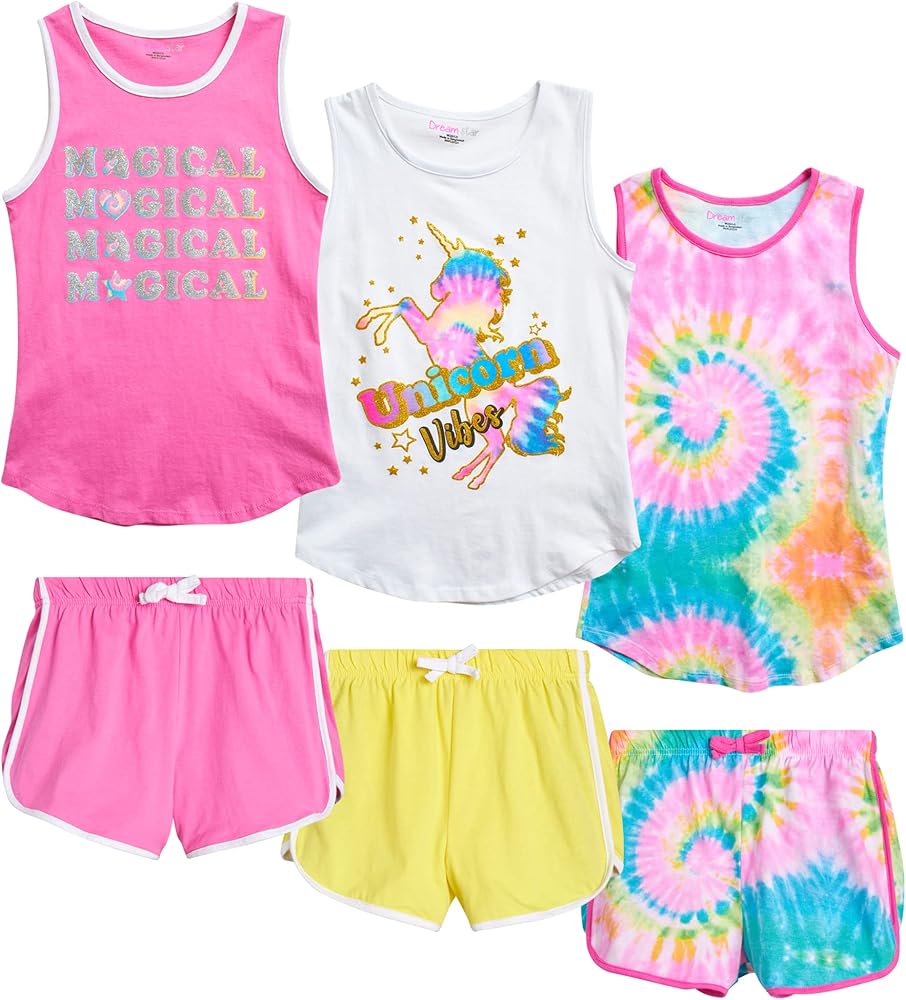 Dreamstar Girls' Shorts Set - 6 Piece Tank Top and Shorts Kids Clothing Set (Big Girl)