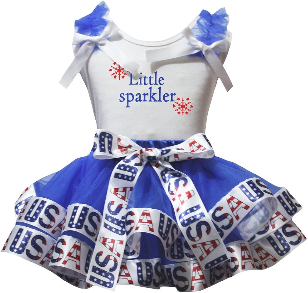 Petitebella Little Sparkler White Shirt USA Blue Petal Skirt Set Nb-8y