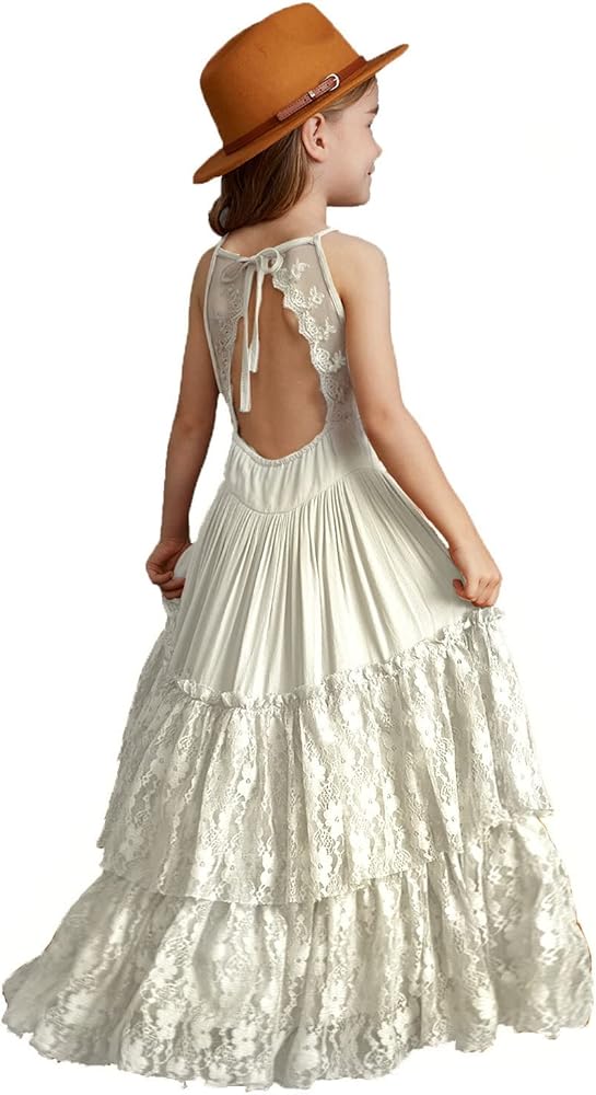 Girls Kids Lace Back Full-Length Backless Tulle Party Holiday Flower Girl Dress Size 4-14