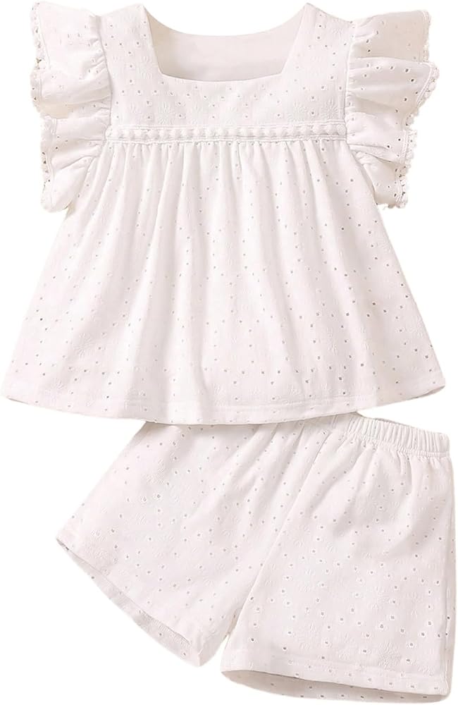 Girl's 2 Piece Outfit Eyelet Embroidery Ruffle Sleeve Square Neck Blouse and Shorts Set