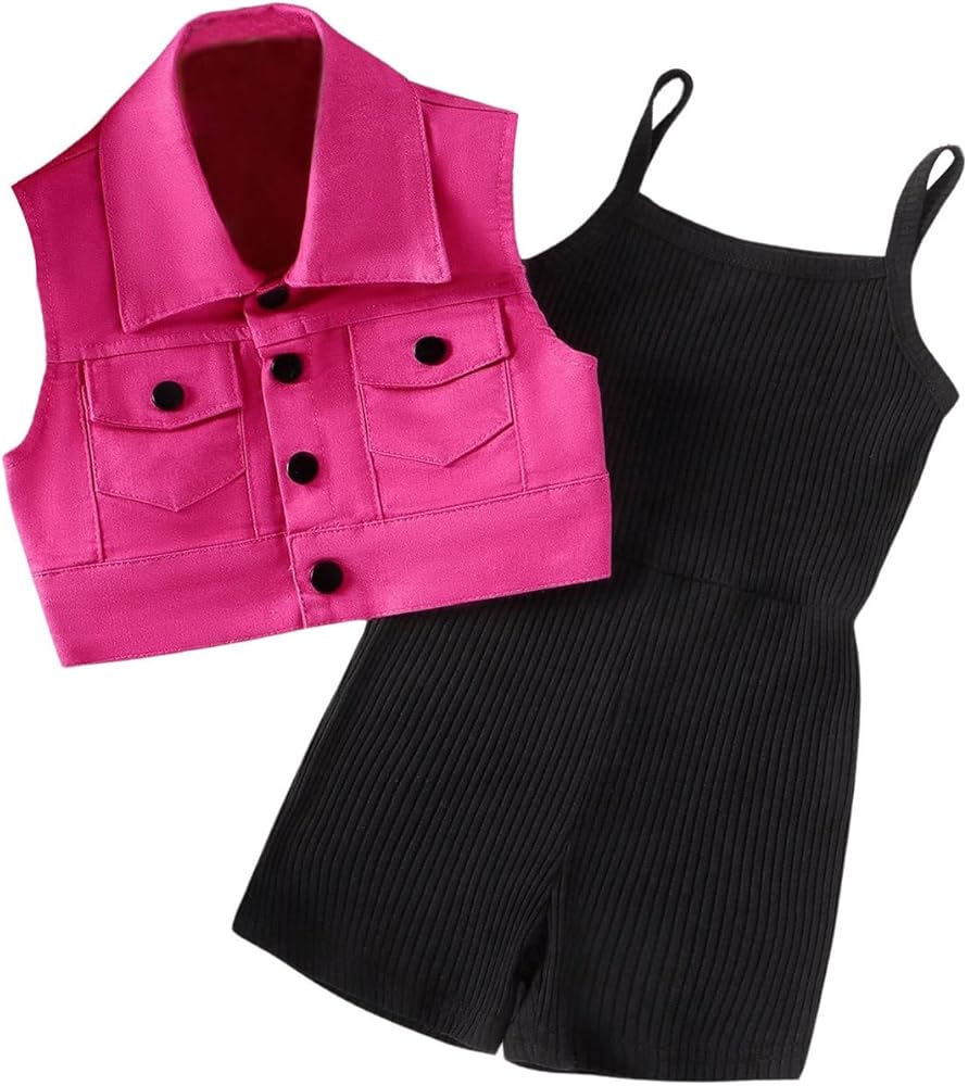 Girls 2 Piece Outfits Sleeveless Collar Neck Button Front Jackets and Cami Romper Set