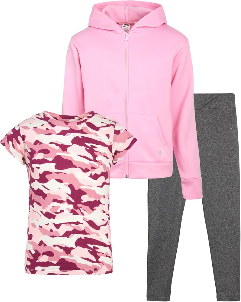 RBX Girls Leggings Set - 3 Piece Fleece Zip Hoodie Sweatshirt, T-Shirt, and Yoga Pants (Size: 4-16)