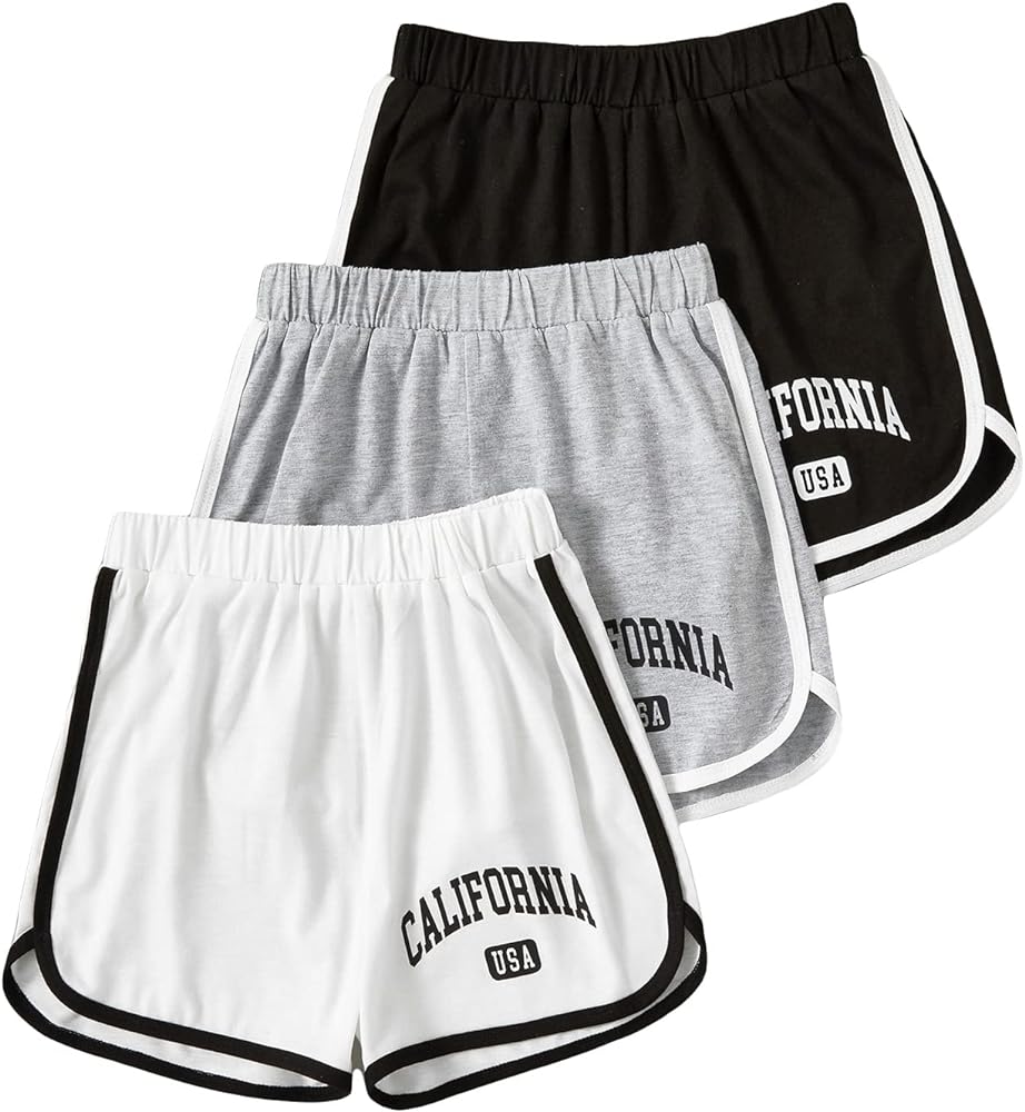 Verdusa Girl's 3 Piece Letter Graphic Drawstring Waist Lounge Shorts Track Shorts Black/Grey/White C 170