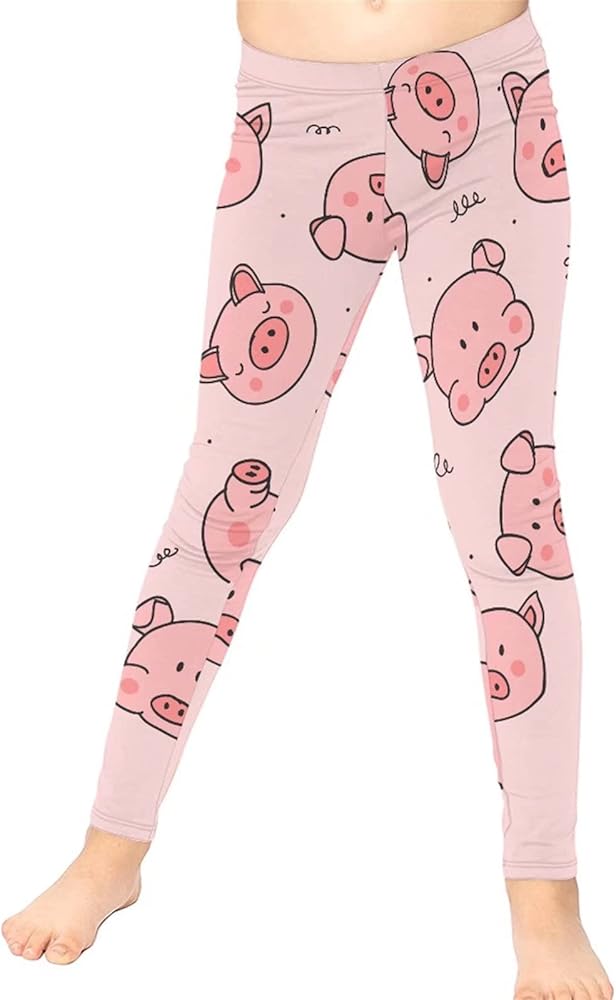 Athletic Yoga Leggings Youth Kids Active Pants Sports Running Dance Tights with Cute Pig Pattern Pink for Girl Teen Size 4-13 Years