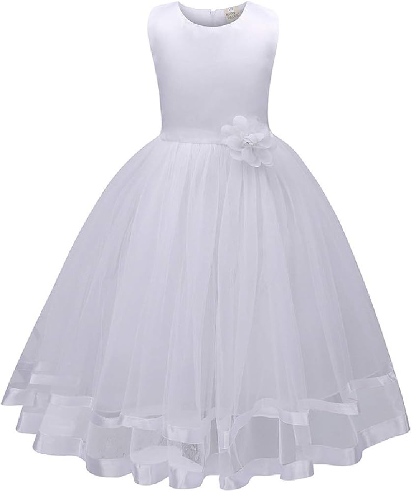 Quenny Children's New mesh Dresses,Girls Princess Dress,Solid Color Waist Belt Vest Dresses.