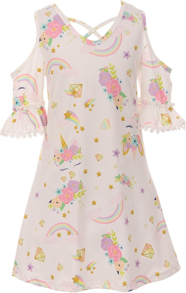 Little Girls Cold Shoulder Unicorn Stars Birthday Party Flower Girl Dress 2-8