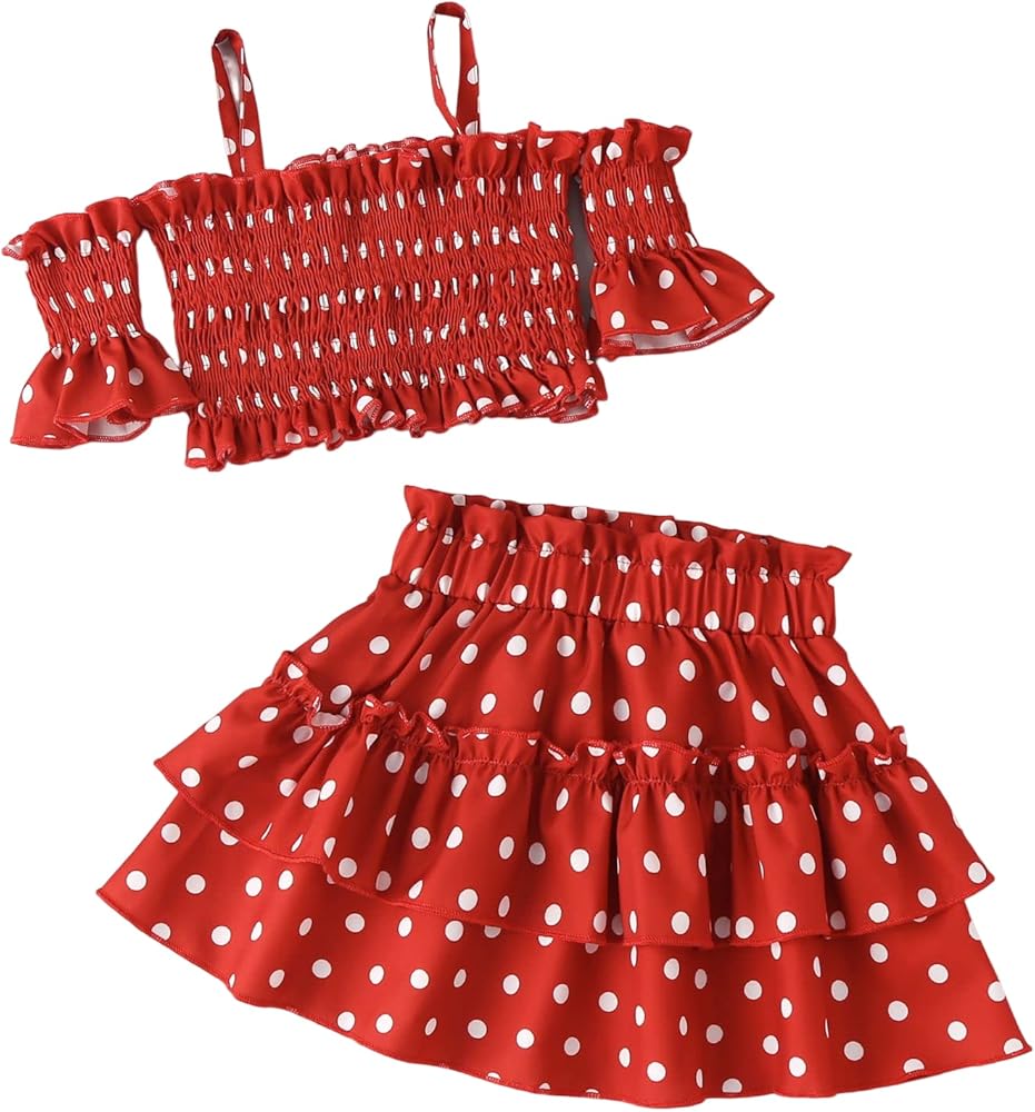 WDIRARA Toddler Girl's 2 Piece Polka Dots Ruffle Cold Shoulder Flounce Sleeve Top Flared Hem Skirt Set