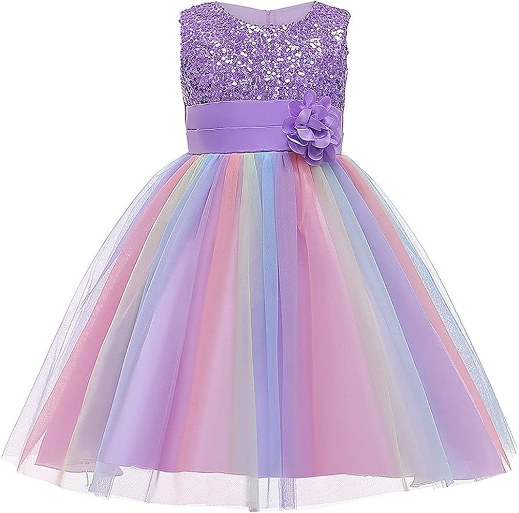 Flower Girls Sequin Mesh Tulle Rainbow Party Dress Princess Lace Ball Gown