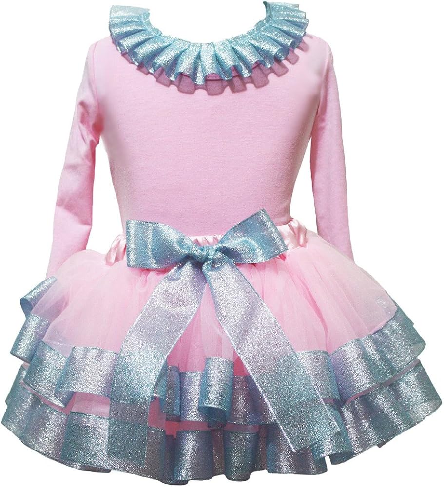 Petitebella Neck Ruffle Plain L/s Shirt Light Blue Ribbon Pink Petal Skirt Nb-8y