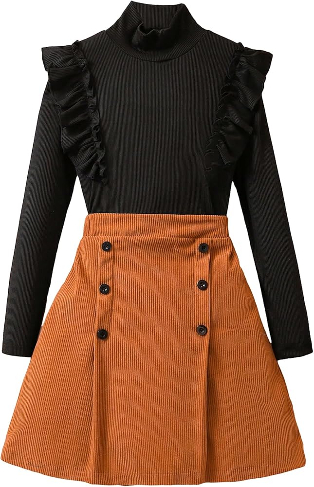 Milumia Girl's Clothing Set 2Pcs Ruffle Long Sleeve Mock Neck Knit Tee with Button A Line Skirt Black and Brown 8 Years