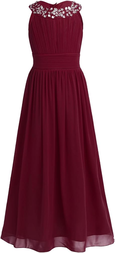 iiniim Kids Girls Sequined Halter-neck Chiffon Long Bridesmaid Dress Wedding Party Prom Gown Flower Girl Dress Burgundy 8