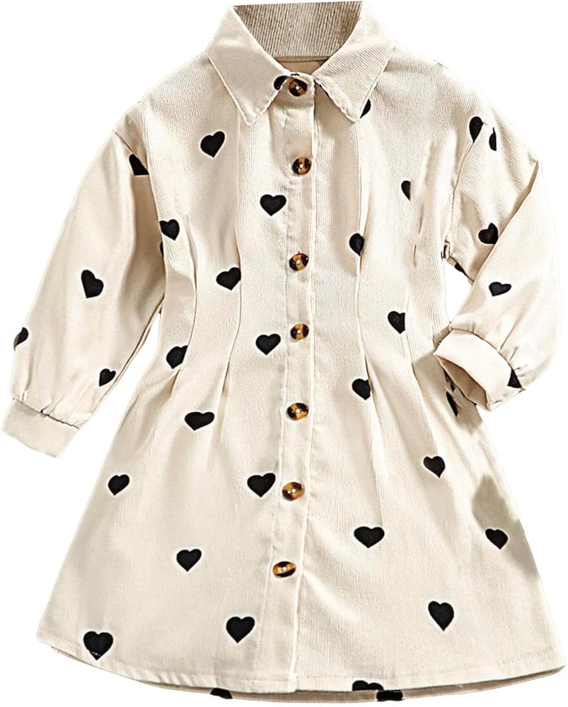 Floerns Toddler Girl's Heart Print Collared High Waist Long Sleeve Shirt Dress