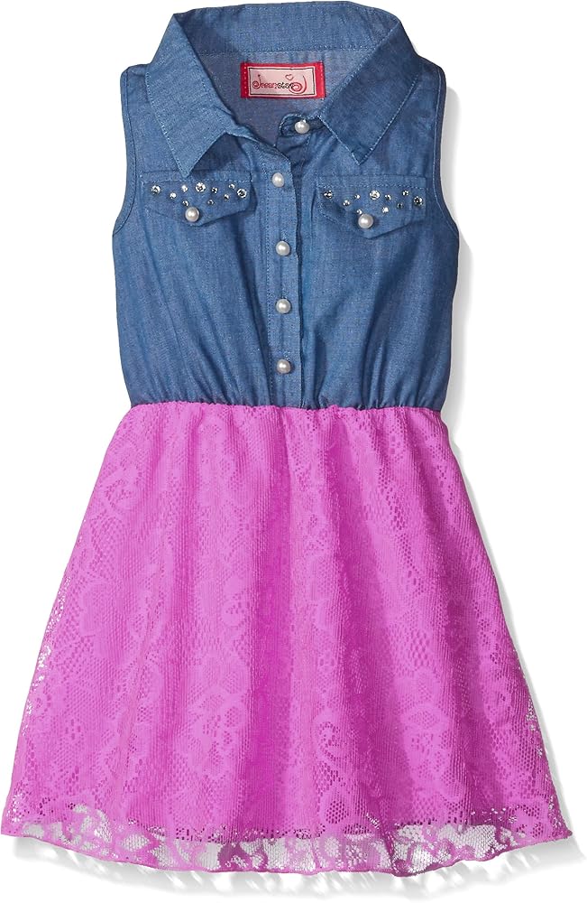 Dream Star Girls' Chambray Button Front with Lace Lined Skirt Dress