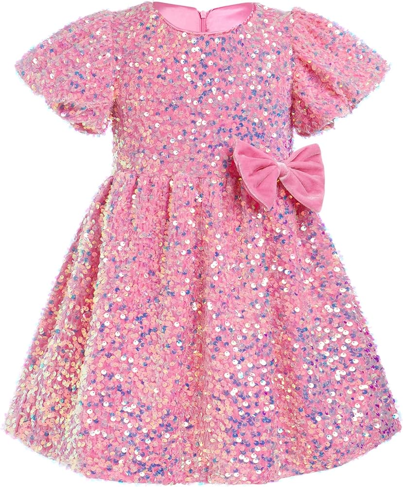 Kids Velvet Dress Flower Girls Sequin Dresses Short Puff Sleeve Birthday Holiday Party Sparkly Princess Dress