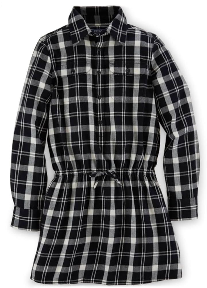 Ralph Lauren Girls Plaid Twill Shirtdress (12) Black/Cream