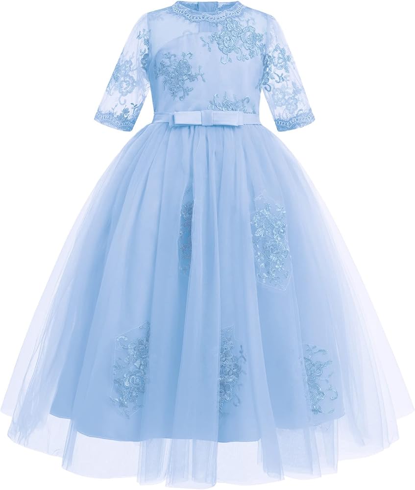 Flower Girls Princess Dress Embroidered Pageant Wedding Birthday Formal Party Tulle Tutu Dress Kids Ball Gown