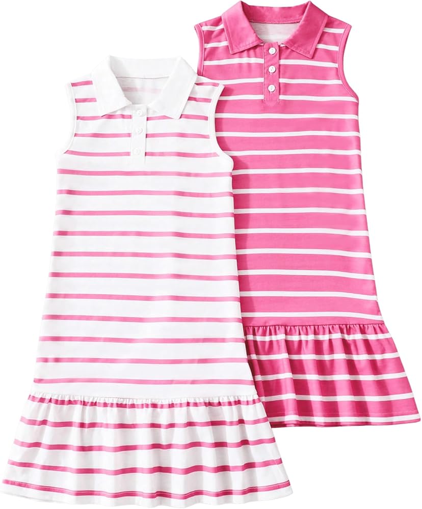 Floerns Girl's Striped Collared Neck Button Front Low Waisted Ruffle Hem Tank Dress