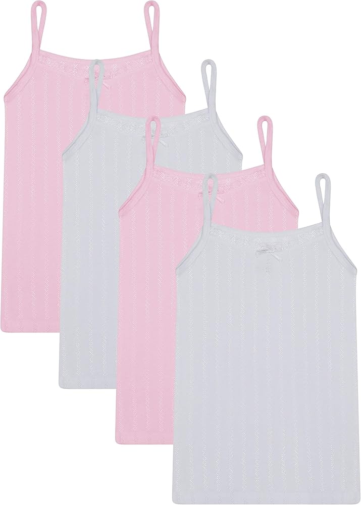 Brix Girls Cami Undershirts 4-pack - White and Pink Cotton Pointelle Comfort. Sizes 2-14