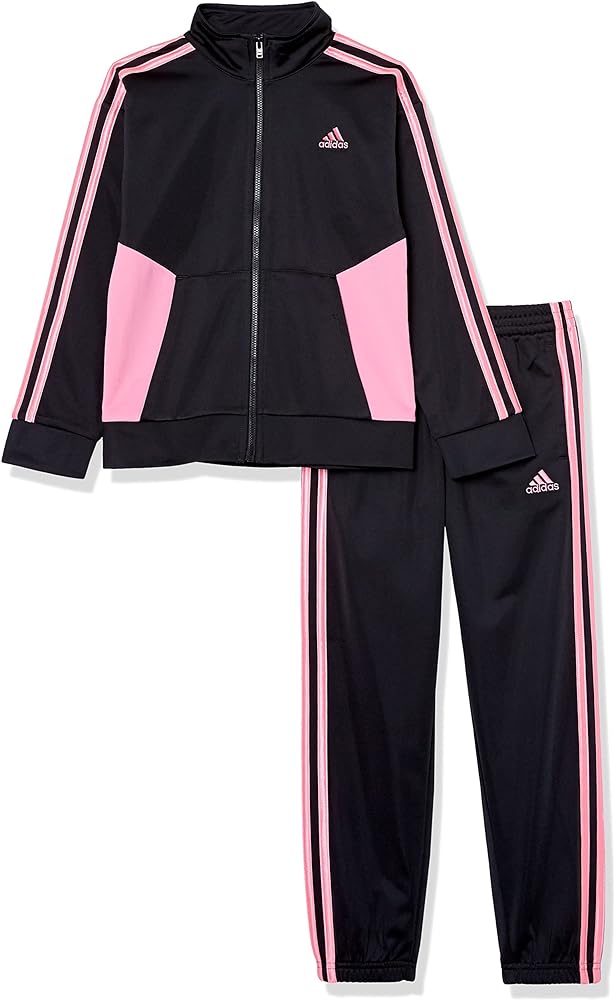 adidas Girls Zip Front Classic Tricot Jacket and Joggers Set, Black with Pink, 12 Months