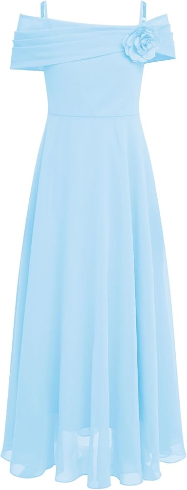 Girls Off Shoulder Bridesmaid Dress Flower Kids Spaghetti Strap Chiffon A Line Formal Long Gown