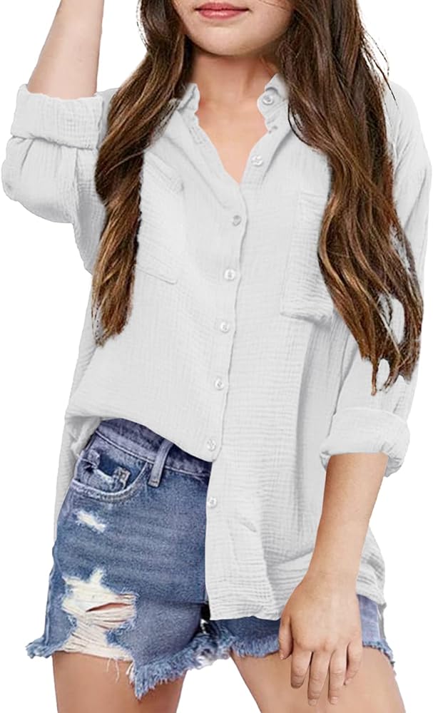 Saudacdn Girls Button Down Shirts Long Roll Up Cuffed Sleeve Collared Blouses Casual Cotton Tops with Pockets