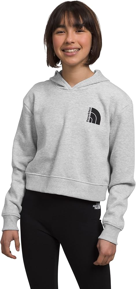 THE NORTH FACE Girls' Camp Fleece Pullover Hoodie Sweatshirt, TNF Light Grey Heather/TNF Black, Medium