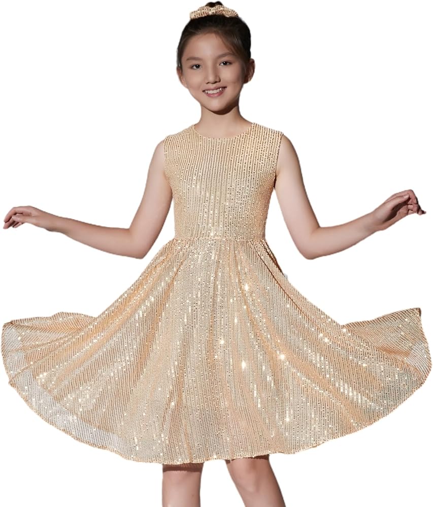 EXARUS Girls Sequin Dress Sleeveless Sparkly Special Occasion Kids Party Sequence Sparkle Dress Birthday