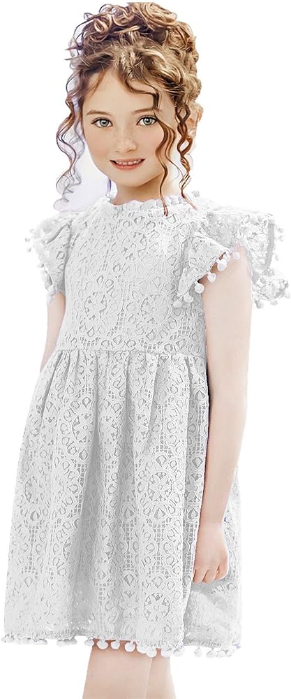 2Bunnies Girl Baby Toddler Vintage Lace Pom Pom Flutter Sleeve Easter Birthday Outfit Dress