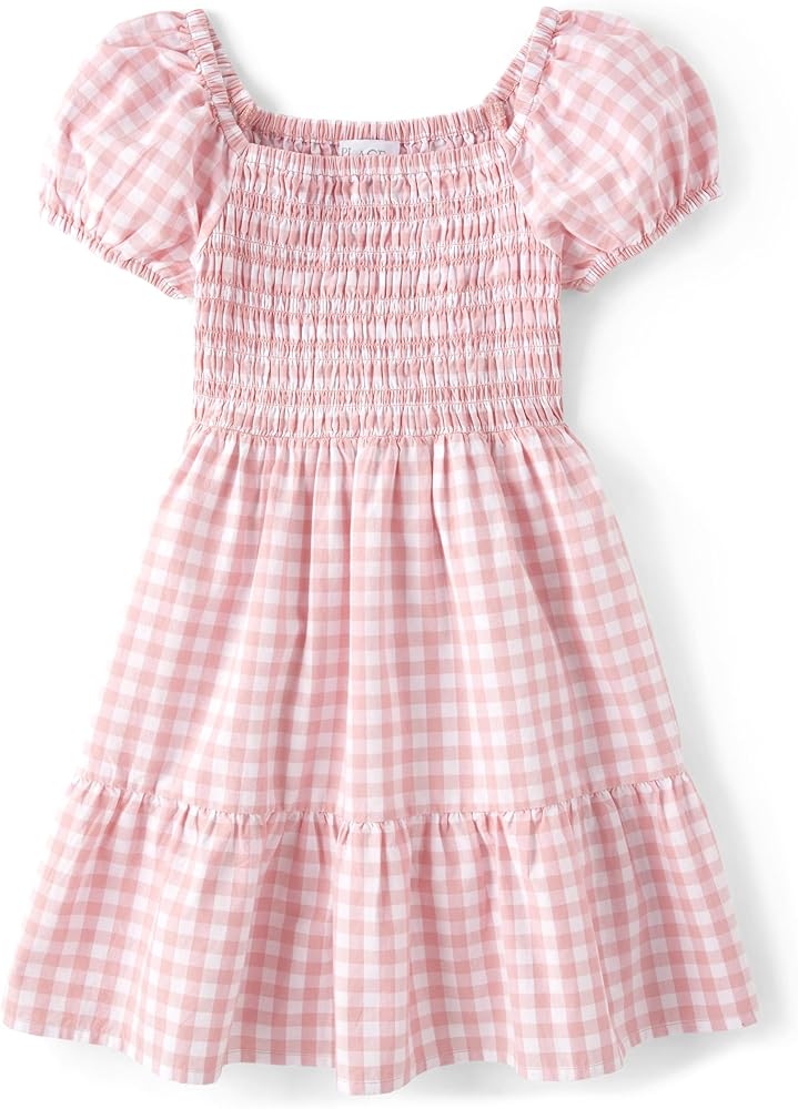 The Children's Place Girls' Short Dressy Special Occasion Dresses, Pink Gingham Puff Sleeve, Large