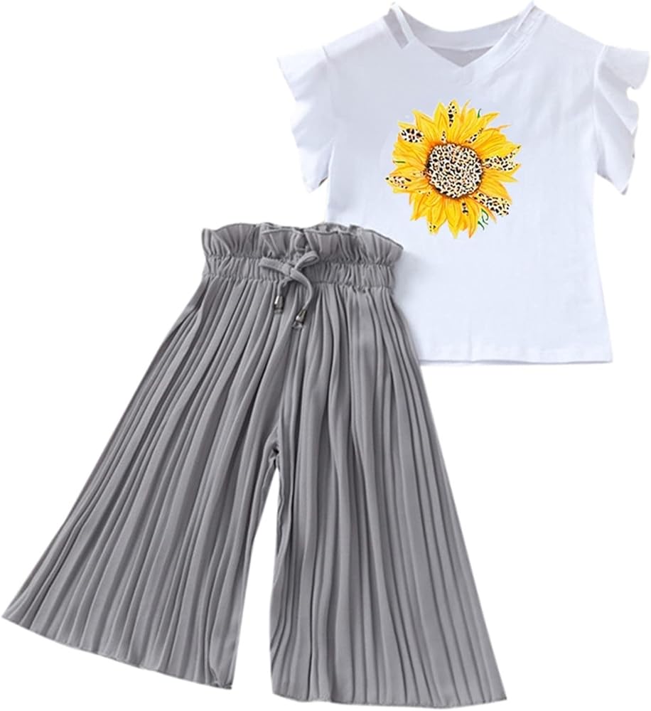 Toddler Kids Girls Summer Clothing Sets Cotton Ruffle Sunflower T-Shirt Tops Ruched Loose Pants 2PC Children Outfits