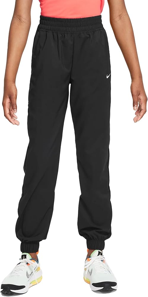 Nike Dri-FIT One Big Kids' (Girls') Woven Training Pants (BLACK/WHITE, FD2857-010) Size Medium