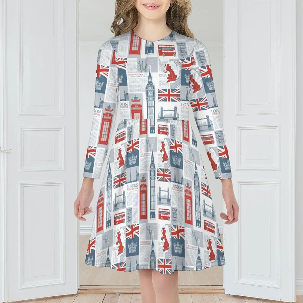 Theme of UK and London British Flag Girls Dress Long Sleeve Short Dress Swing Casual Party Dresses