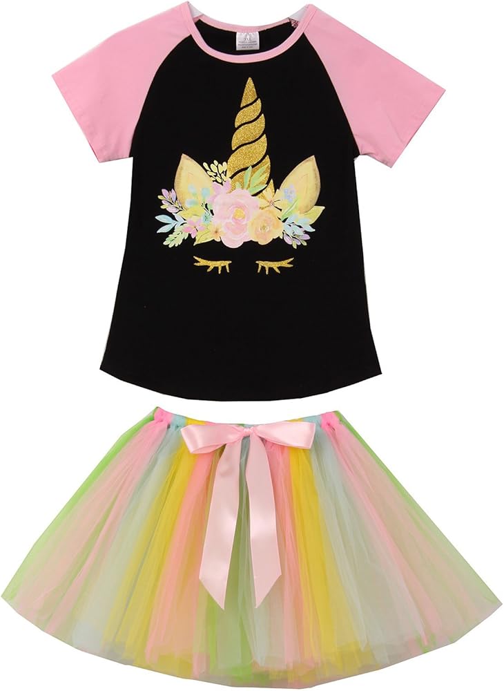 Little Girls 2 Pieces Skirt Set Unicorns T-Shirt Top Tutu Tulle Skirt Set Outfit