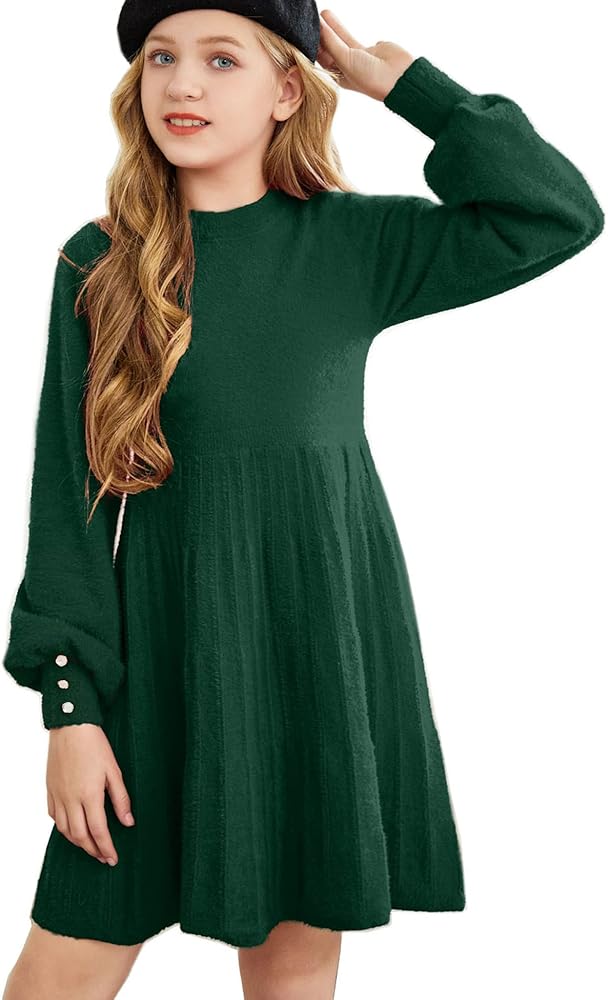 Arshiner Girls Sweater Dress Knit Crew Neck Lantern Sleeve Solid Twirl Dresses