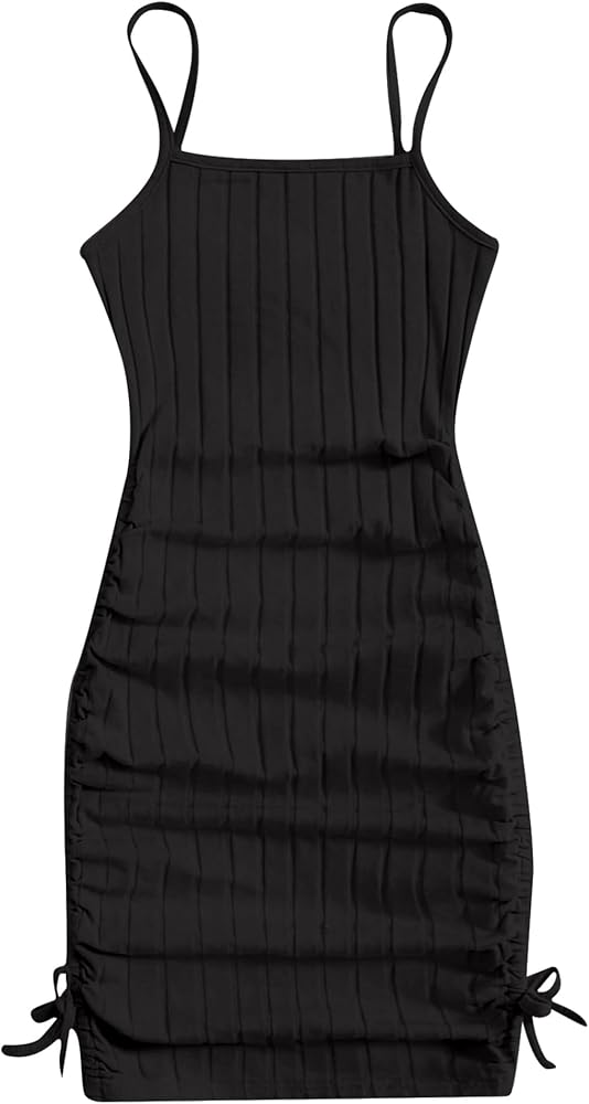 EXARUS Girls Bodycon Tight Spaghetti Strap Mini Short Dress Ribbed Knit Summer Sleeveless Ruched Pencil Dresses 8-14Y